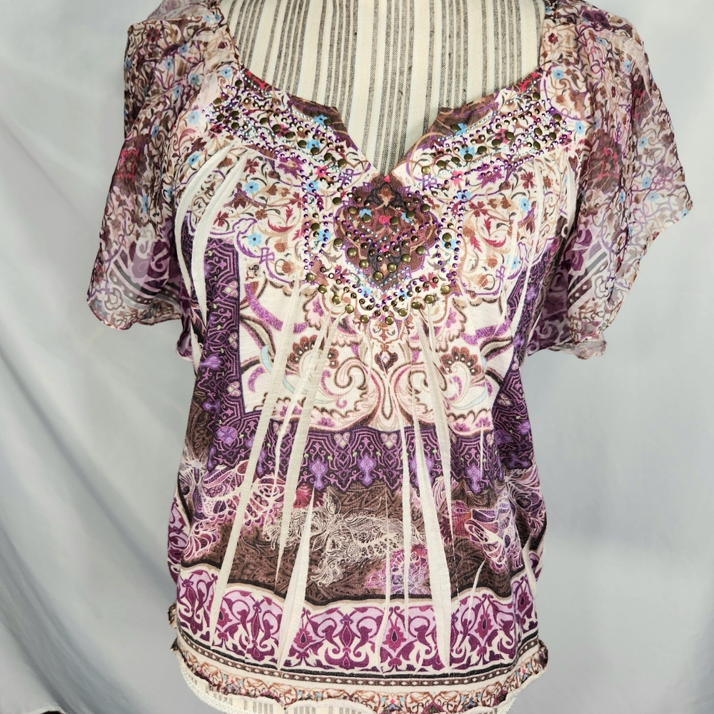 Apt. 9 Multicolored Notched Neck Flutter Sleeve Studded BOHO Top Size Small